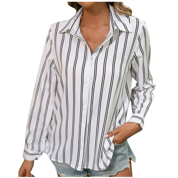 Wyobmus Long Sleeve Shirts for Women Lightweight Lapeled Collar Striped Button Down Loose Tops Shirts White