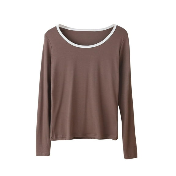 Wyobmus Long Sleeve Shirts for Women Solid Color Modal Soft Tops Crew Neck Basic Tees Casual Comfy Sleep Tops Coffee