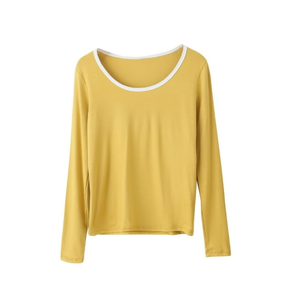 Wyobmus Long Sleeve Shirts for Women Solid Color Modal Soft Tops Crew Neck Basic Tees Casual Comfy Sleep Tops Yellow