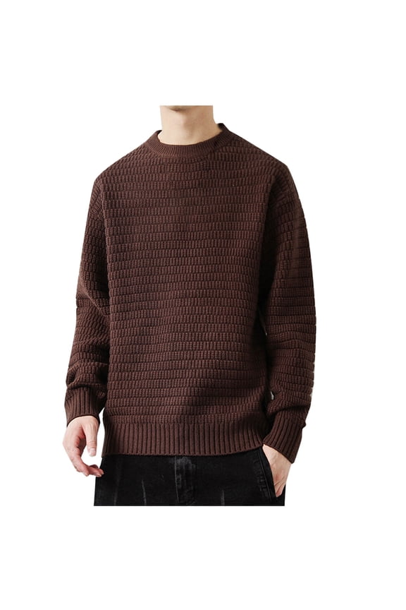 Long Sleeve Sweaters for Men Crew Neck Cable Knit Textured Pullover Sweaters Stylish Casual Loose Fit Trend Sweaters Coffee