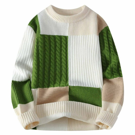 Wyobmus Long Sleeve Sweaters for Men Crewneck Color Blocking Versatile Cable Knit Pullover Sweater Jumper Green