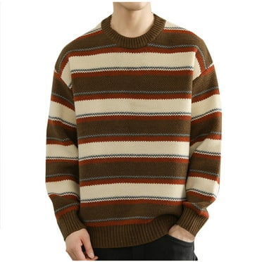 Wyobmus Long Sleeve Sweaters for Men Vintage White Red Striped Cable Knit Pullover Casual Crew Neck Overcoat Coffee