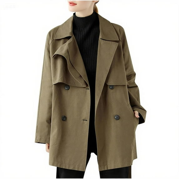 Wyobmus Long Trench Coat for Women Double-Breasted Notch Lapel Lightweight Windproof Long Sleeve Overcoat Oversized Fall Fashion Outerwear Olive Green