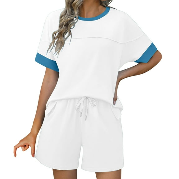 Wyobmus Lounge Sets for Women 2 Piece Outfits Sweatsuits 2025 Summer Short Sleeve Loungewear Tracksuit Round Neck Color Blocked Casual Shorts Sets B-White