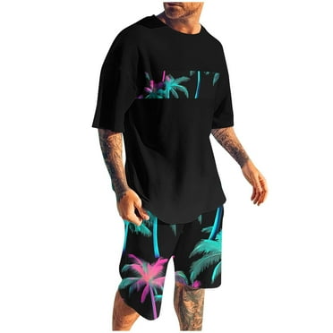 Wyobmus Lounge Sets for Men 2 Piece Shorts Outfits Slim Fit Summer Beach Tracksuit Short Sleeve Hawaiian Printed Sport Suits A-Black