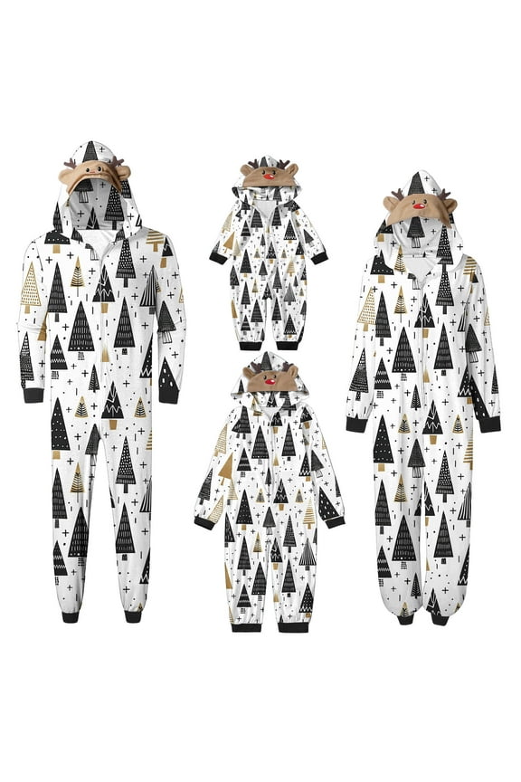 Matching Christmas Pajamas Onesies for Family Comfy Xmas Deer Print Zip Up Holiday Pjs One Piece Long Sleeve Hooded Pajamas Jumpsuit Sleepwear for Dad