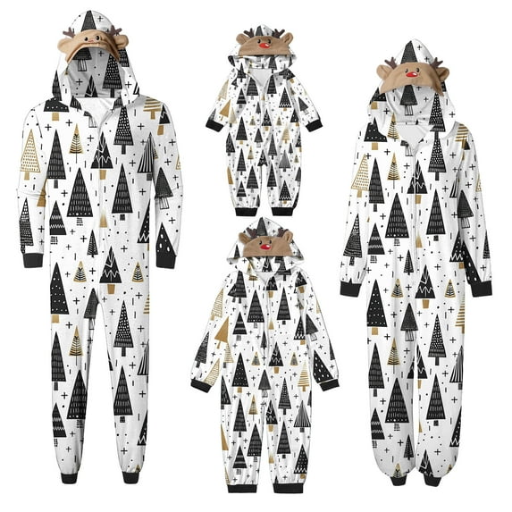 Wyobmus Matching Christmas Pajamas Onesies for Family Comfy Xmas Deer Print Zip Up Holiday Pjs One Piece Long Sleeve Hooded Pajamas Jumpsuit Sleepwear for Kids