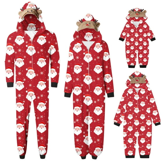 Wyobmus Matching Family Pajamas Set Elk Antler Hooded Romper Zipper Jumpsuit Loungewear for Mom