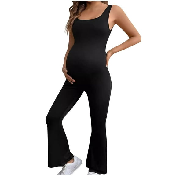 Wyobmus Maternity Jumpsuits for Women Sleeveless Bell Bottom Leggings Romper Pregnancy Shapewear Square Neck One Piece Bodysuit B-Black