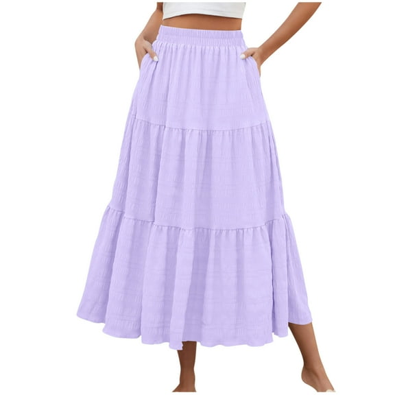 Wyobmus Maxi Skirts for Women High Elastic Waist Layered Midi Length Skirt Pleated Flowy Ruffle Aline Boho Summer Resort Skirt S-2X Purple