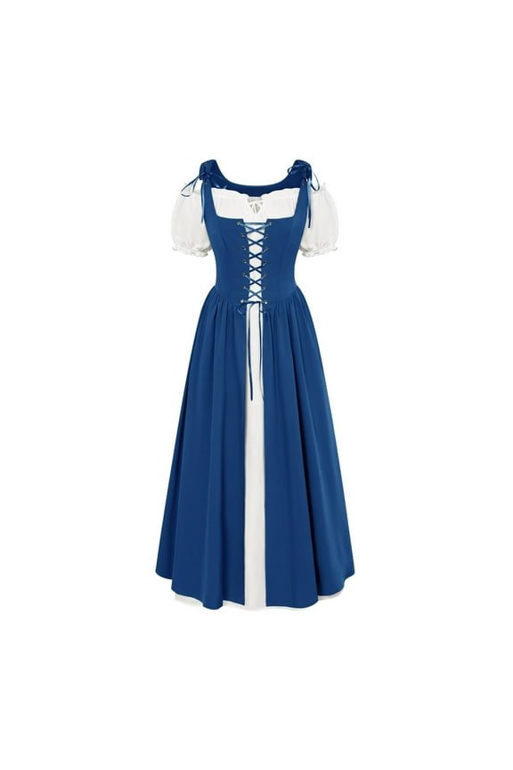 Medieval Dress for Women Shoulder Sleeve Retro Peasant Dress Halloween Renaissance Lace Up Mesh Flowy Elegant Dresses Blue