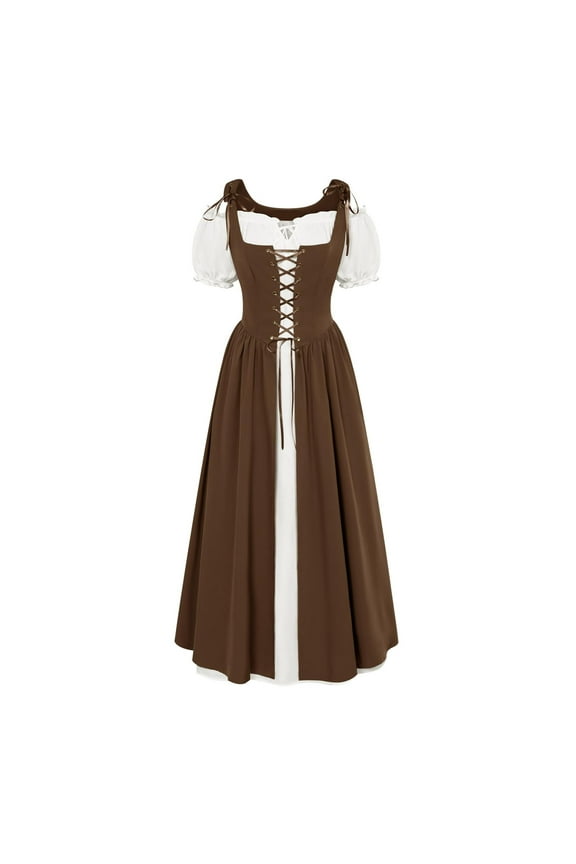 Medieval Dress for Women Shoulder Sleeve Retro Peasant Dress Halloween Renaissance Lace Up Mesh Flowy Elegant Dresses Brown