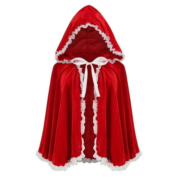 Wyobmus Medieval Velvet Hooded Cloak for Men Women Child Renaissance Lace Edge Cape with Hood Vintage Pleated Halloween Cropped Cape A-Red