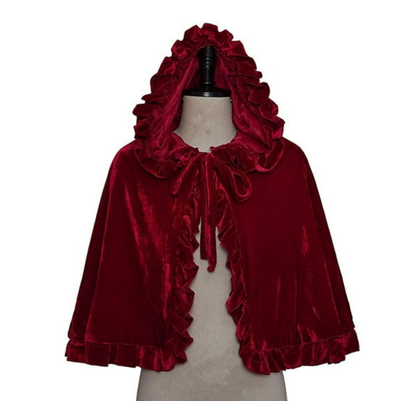 Wyobmus Medieval Velvet Hooded Cloak for Men Women Child Renaissance Lace Edge Cape with Hood Vintage Pleated Halloween Cropped Cape C-Burgundy