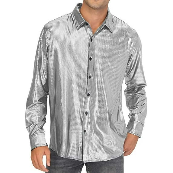 Wyobmus Men Dress Shirt Sequins Glitter Long Sleeve Button Down Shirt 70S Shirt for Men Disco Party Nightclub Christmas Prom Outfits A-Silver