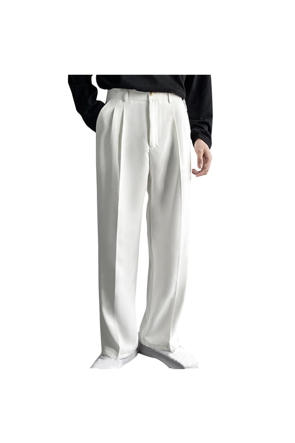 Men High Waisted Wide Leg Pants Business Dress Pants Casual Expanded Wait Straight Loose Trousers With Pockets White