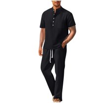 Wyobmus Men's 2 Piece Linen Sets Breathable Casual Short Sleeve Henley Shirts and Straght Fit Pants With Pockets Summer Thin Vacation Outfits Black