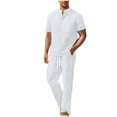 thumbnail image 1 of Wyobmus Men's 2 Piece Linen Sets Breathable Casual Short Sleeve Henley Shirts and Straght Fit Pants With Pockets Summer Thin Vacation Outfits White, 1 of 3