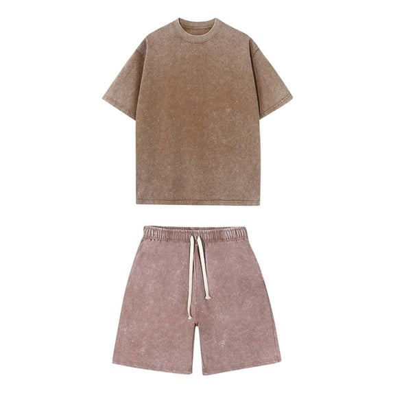 Wyobmus Men's 2 Piece Lounge Sets Summer Round Neck Short Sleeved Washed Cotton Shorts Vintage Style Distressed Short Set Coffee