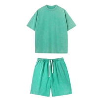 Wyobmus Men's 2 Piece Lounge Sets Summer Round Neck Short Sleeved Washed Cotton Shorts Vintage Style Distressed Short Set Green