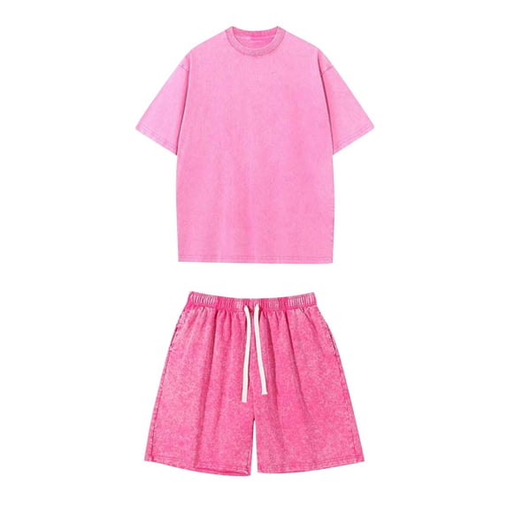 Wyobmus Men's 2 Piece Lounge Sets Summer Round Neck Short Sleeved Washed Cotton Shorts Vintage Style Distressed Short Set Hot Pink