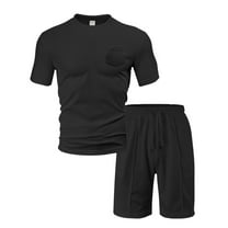 Wyobmus Men's 2 Piece Tracksuit Solid Color Muscle Texture Sweatsuits Short Sleeve Crewneck Summer T Shirt and Drawstring Casual Track Shorts Set Black