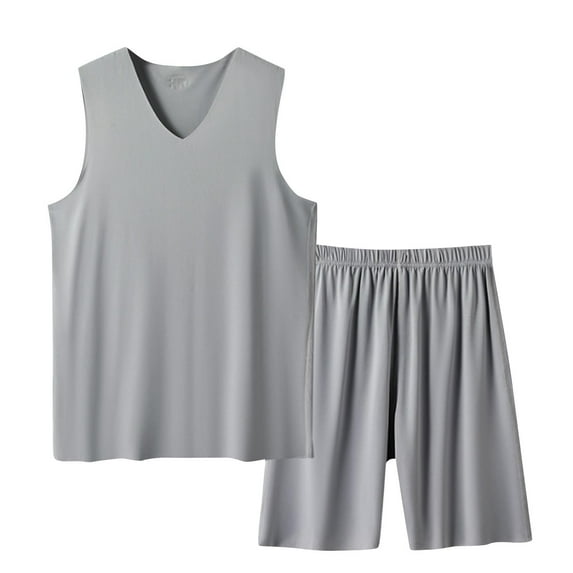 Wyobmus Men's 2 Pieces Ice Silk Set Solid Color Quick Dry Elastic Waist Shorts Sleeveless Tank Top Outfit Tracksuit L-4Xl Gray
