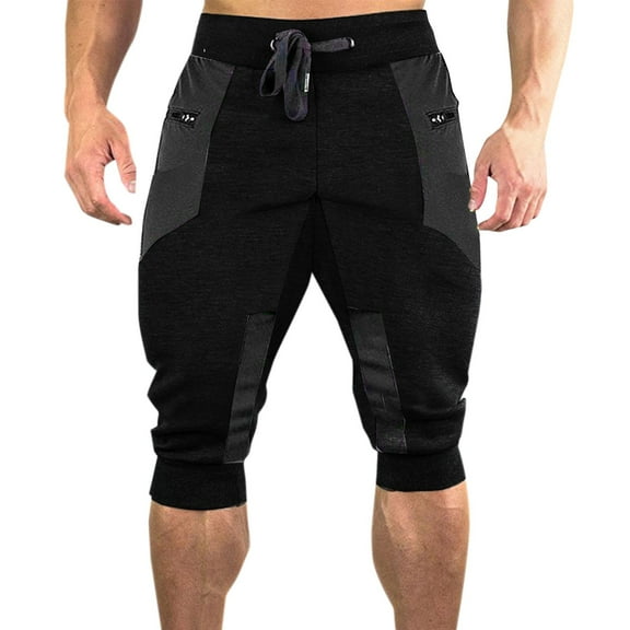 Wyobmus Men's 3/4 Jogger Capri Pants Casual Patchwork Workout Gym Below Knee Shorts Elastic Waist Jogger Sweatpant Capris A-Black