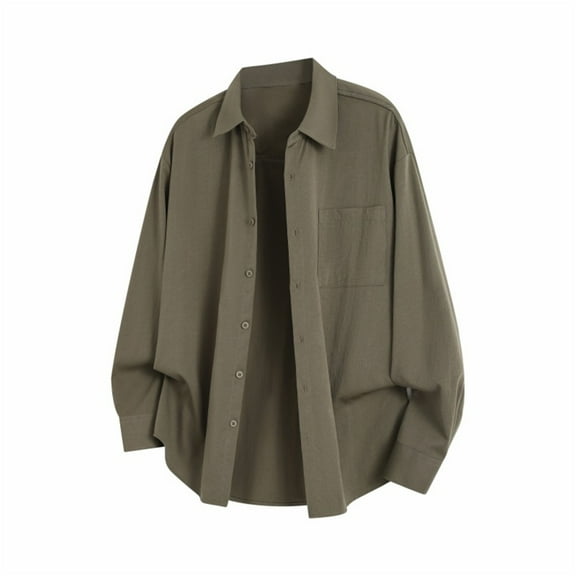 Wyobmus Men's Button Down Shirt with Pocket Casual Long Sleeve Flat Front Blouse Lightweight Y2K Clothes Turndown Collar T-shirt Spring Fall Fashion Tops C-Olive Green