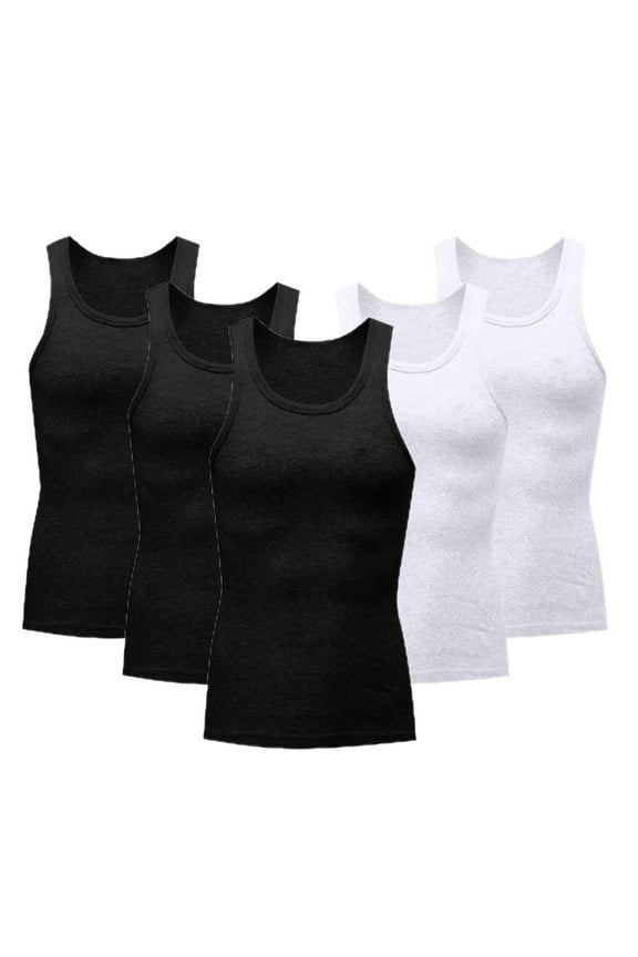 Men's 5 Pack Tank Tops Moisture Wicking Muscle Shirt Classic Solid Color Rib Bodybuilding A-Shirt Black/White