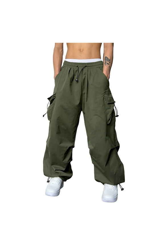 Men's Baggy Cargo Pants Casual High Waist Parachute Work Pants Loose Fit Hip Hop Harem Pants With Pockets Olive Green