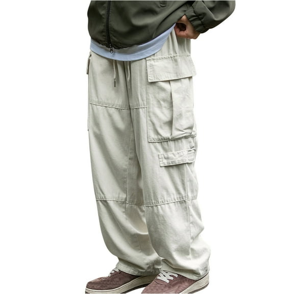 Wyobmus Men's Baggy Cargo Pants Retro Relaxed Straight Leg Work Pants Loose Outdoor Quick Drying Casual Pants With Drawstring D-Beige
