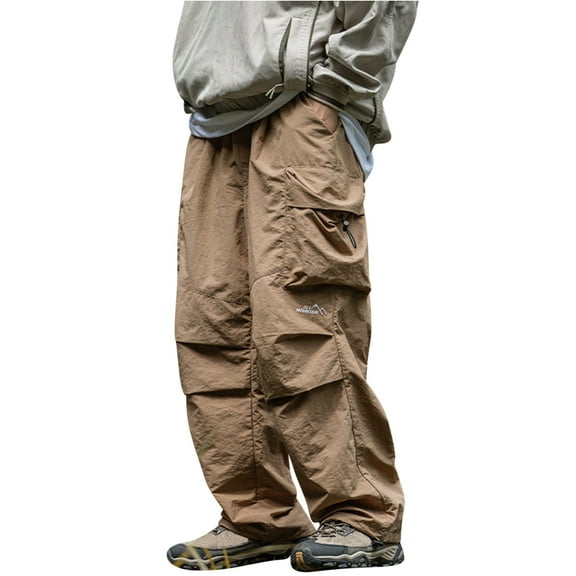 Wyobmus Men's Baggy Cargo Pants Retro Relaxed Straight Leg Work Pants Loose Outdoor Quick Drying Casual Pants With Drawstring E-Khaki