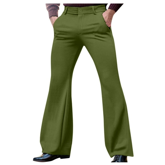 Wyobmus Men's Bell Bottom Pants Casual Solid Zipper Wrinkle Free Front Flat Dress Flare Pants Trousers Olive Green