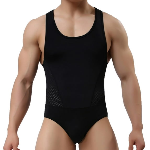 Wyobmus Men's Bodysuit Shapewear Shoulder Strap Onesie Sportswear Stretch U Neck Sleeveless Tight Clothes Black