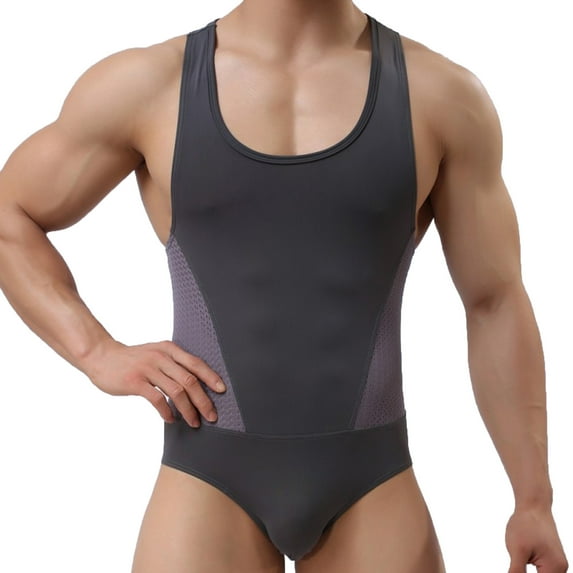 Wyobmus Men's Bodysuit Shapewear Shoulder Strap Onesie Sportswear Stretch U Neck Sleeveless Tight Clothes Gray