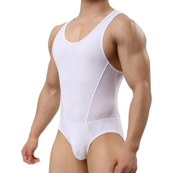 Wyobmus Men's Bodysuit Shapewear Shoulder Strap Onesie Sportswear Stretch U Neck Sleeveless Tight Clothes White