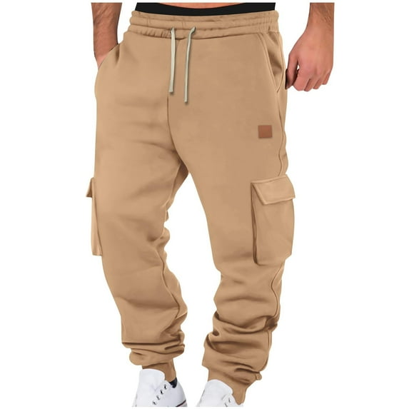Wyobmus Men's Bottom Banded Sweatpants Solid Color Elastic Waist Drawstring Joggers Lightweight Loose Workout Sweat Pants With Big Pockets Khaki