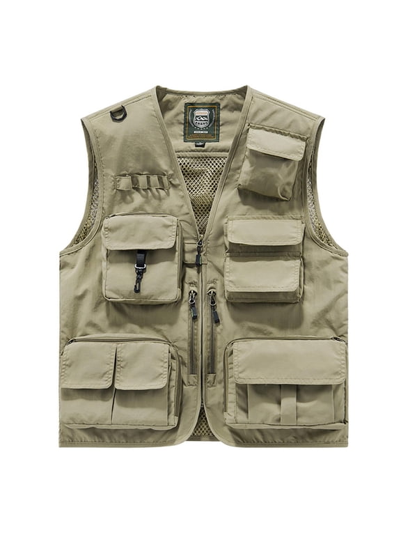 Men's Breathable Fishing Vest, Outdoor Multi-Pockets Lightweight Cargo Vest Photography Travel Hunting Waistcoat Jacket for Unisex Adults and Youth Khaki