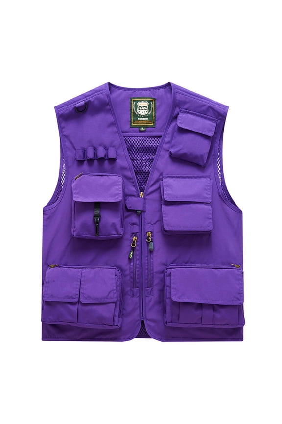 Men's Breathable Fishing Vest, Outdoor Multi-Pockets Lightweight Cargo Vest Photography Travel Hunting Waistcoat Jacket for Unisex Adults and Youth Purple