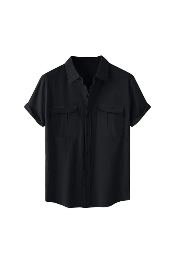 Men's Button Down Linen Shirt Summer Vacation Solid Color Roll Cuff Shirt Flat Front Casual Short Sleeves Shirts With Chest 2 Pocket A-Black
