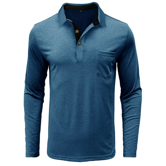 Wyobmus Men's Button Down Pullover Long Sleeve Vintage Turndown Collar Solid Top Shirts Blue