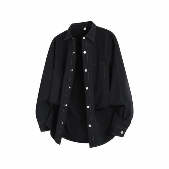 Wyobmus Men's Button Down Shirt with Pocket Casual Long Sleeve Flat Front Blouse Lightweight Y2K Clothes Turndown Collar T-shirt Spring Fall Fashion Tops B-Black