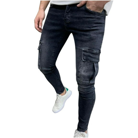 Wyobmus Men's Cargo Jeans Ripped Distressed Destroyed Tapered Leg Jeans Skinny Casual Fashion Denim Pants Black
