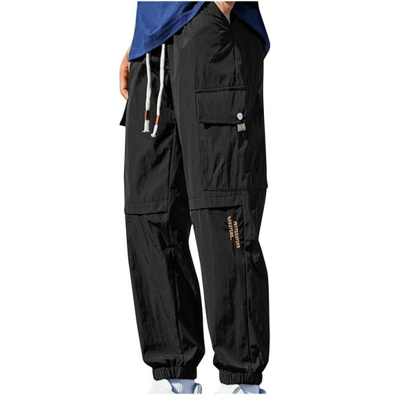 Wyobmus Men's Cargo Pants Baggy Workout Joggers Stretch Sweatpants Outdoor Solid Color Hiking Drawstring Pants With Multi Pockets B-Black