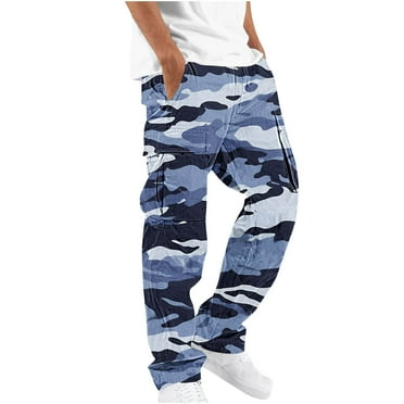 Wyobmus Men's Cargo Pants Camouflage Elastic Waist Straight Leg Drawstring Pocket Workwear Pants A-Light Blue