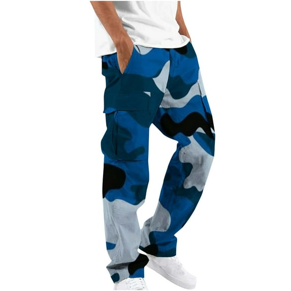 Wyobmus Men's Cargo Pants Camouflage Elastic Waist Straight Leg Drawstring Pocket Workwear Pants Blue