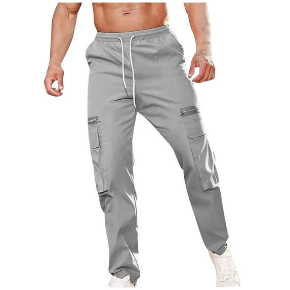 Wyobmus Men's Cargo Pants Casual Drawstring Waist Athletic Joggers Pants Gym Workout Sweatpants With Zipper Pockets Dark Gray