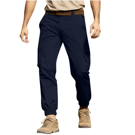 Wyobmus Men's Cargo Pants Stretchy Ripstop Hiking Pants Solid Color Casual Elastic Waist Work Pants with Elastic Cuff for Outdoor Fishing Climbing B-Dark Blue