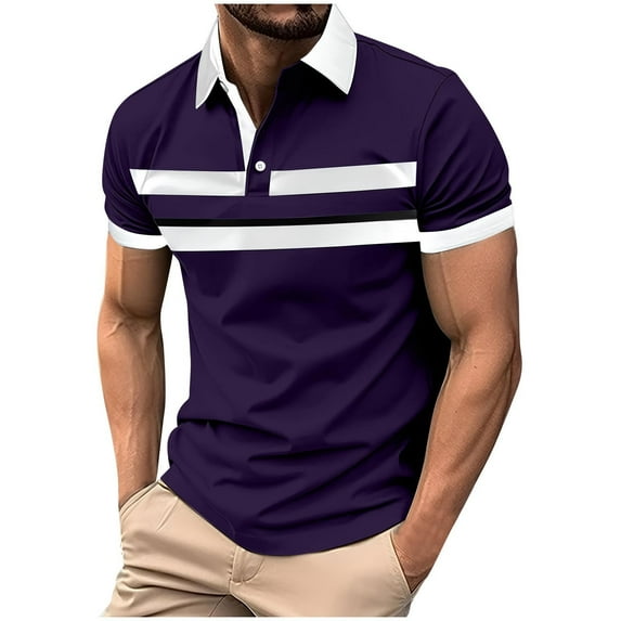 Wyobmus Men's Casual 1/4 Quater Zip Shirts Color Blocked Short Sleeve Puulovers Classic Striped Slim Fit T-Shirts A-Purple